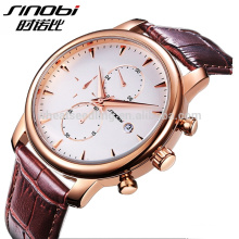 SINOBI brand luxury multifunction three dial 3ATM men's genuine leather band gold dial wrist watches reloj